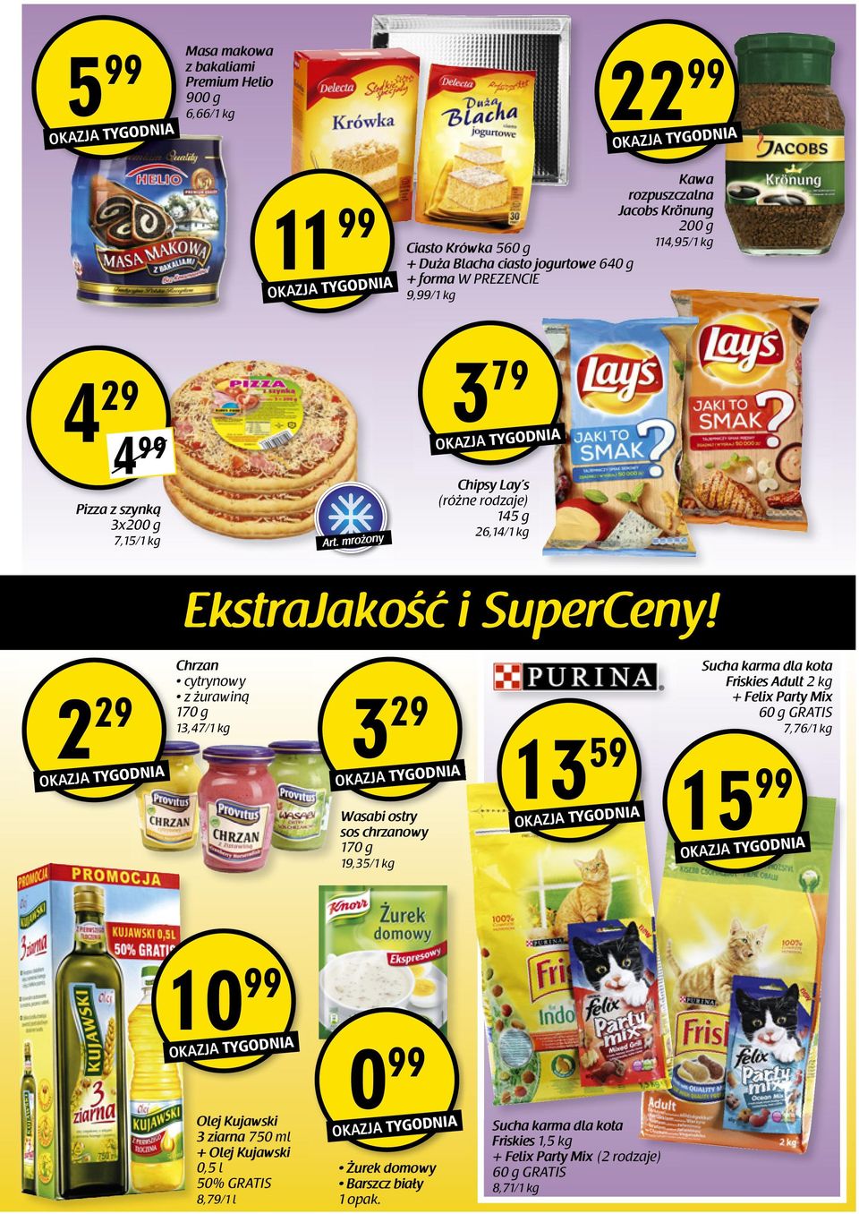 2 29 Chrzan cytrynowy z żurawiną 170 g 13,47/ 3 29 Wasabi ostry sos chrzanowy 170 g 19,35/ 13 59 Sucha karma dla kota Friskies Adult 2 kg + Felix Party Mix 60 g GRATIS