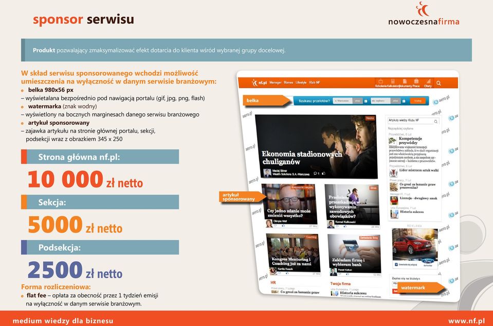 png, flash) watermarka (znak wodny) wyświetlony na bocznych marginesach danego serwisu branżowego artykuł sponsorowany zajawka artykułu na stronie głównej portalu, sekcji, podsekcji
