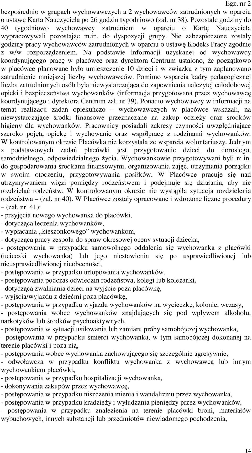 Nie zabezpieczone zostały godziny pracy wychowawców zatrudnionych w oparciu o ustawę Kodeks Pracy zgodnie z w/w rozporządzeniem.