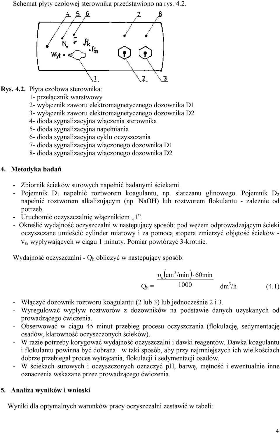 Płyta czołowa sterownika: 1- przełącznik warstwowy 2- wyłącznik zaworu elektromagnetycznego dozownika D1 3- wyłącznik zaworu elektromagnetycznego dozownika D2 4- dioda sygnalizacyjna włączenia