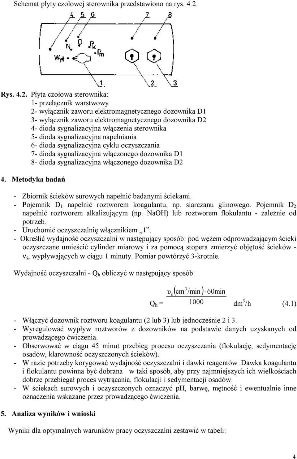 Płyta czołowa sterownika: 1- przełącznik warstwowy 2- wyłącznik zaworu elektromagnetycznego dozownika D1 3- wyłącznik zaworu elektromagnetycznego dozownika D2 4- dioda sygnalizacyjna włączenia