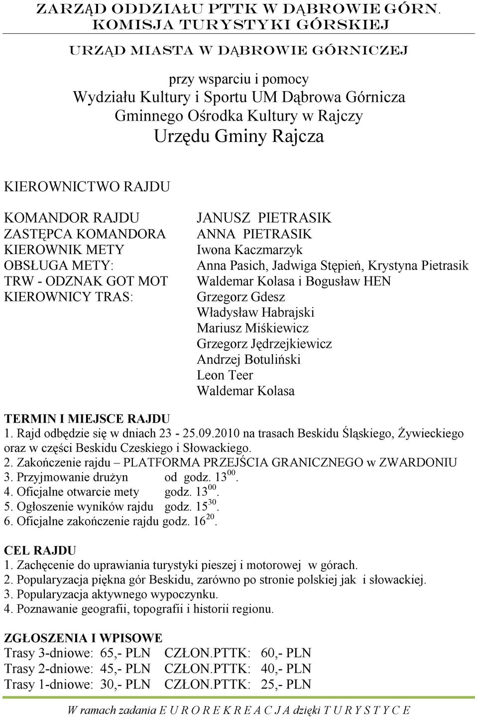 Habrajski Mariusz Miśkiewicz Grzegorz Jędrzejkiewicz Andrzej Botuliński Leon Teer Waldemar Kolasa TERMIN I MIEJSCE RAJDU 1.