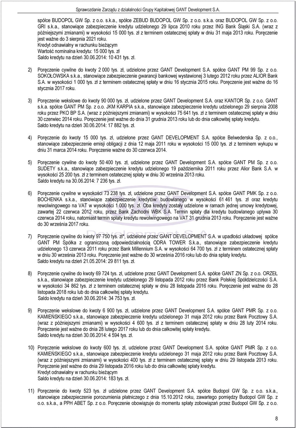 Kredyt odnawialny w rachunku bieżącym Wartość nominalna kredytu: 15 000 tys. zł Saldo kredytu na dzień 30.06.2014: 10 431 tys. zł. 2) Poręczenie cywilne do kwoty 2 000 tys.