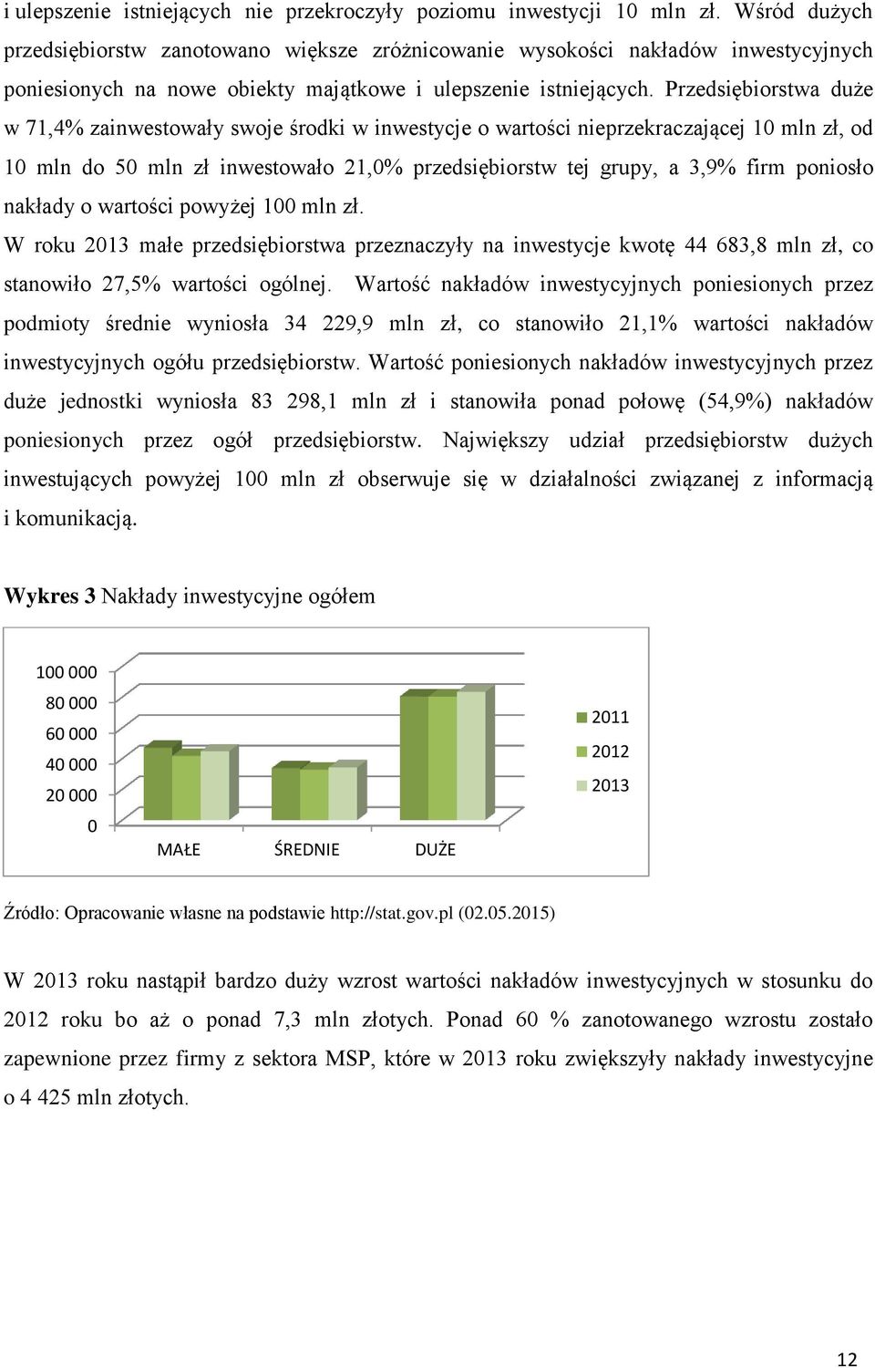 Przedsiębiorstwa duże w 71,4% zainwestowały swoje środki w inwestycje o wartości nieprzekraczającej 10 mln zł, od 10 mln do 50 mln zł inwestowało 21,0% przedsiębiorstw tej grupy, a 3,9% firm poniosło