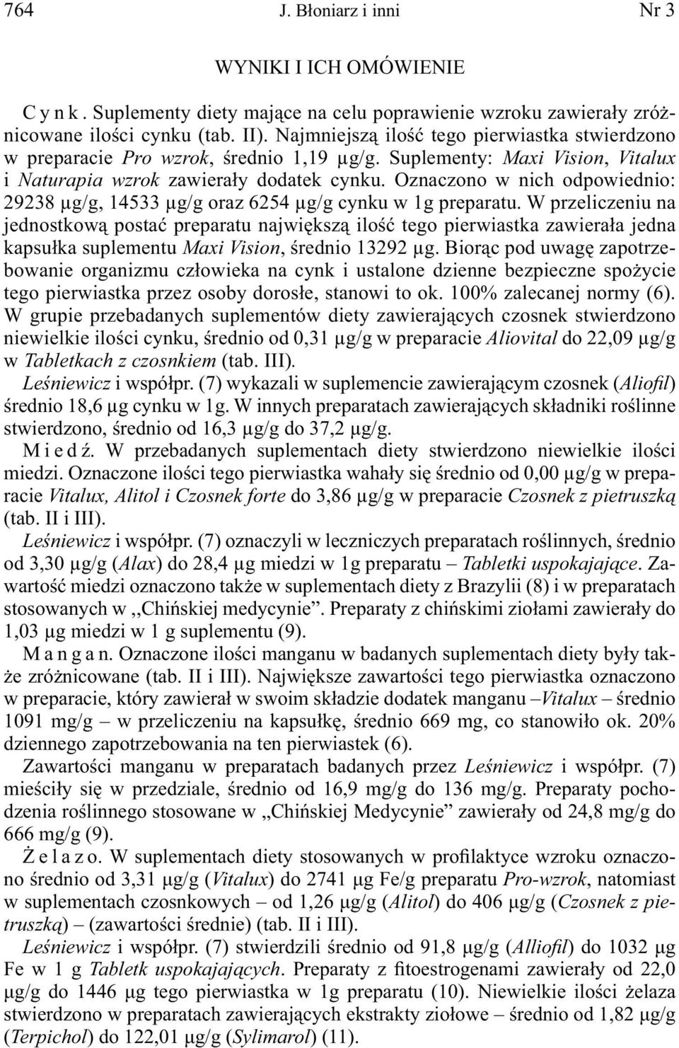 Oznaczono w nich odpowiednio: 29238 μg/g, 14533 μg/g oraz 6254 μg/g cynku w 1g preparatu.