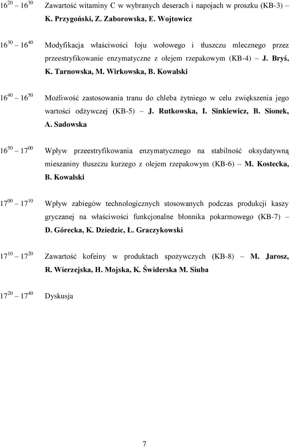 Kowalski 16 40 16 50 Możliwość zastosowania tranu do chleba żytniego w celu zwiększenia jego wartości odżywczej (KB-5) J. Rutkowska, I. Sinkiewicz, B. Sionek, A.
