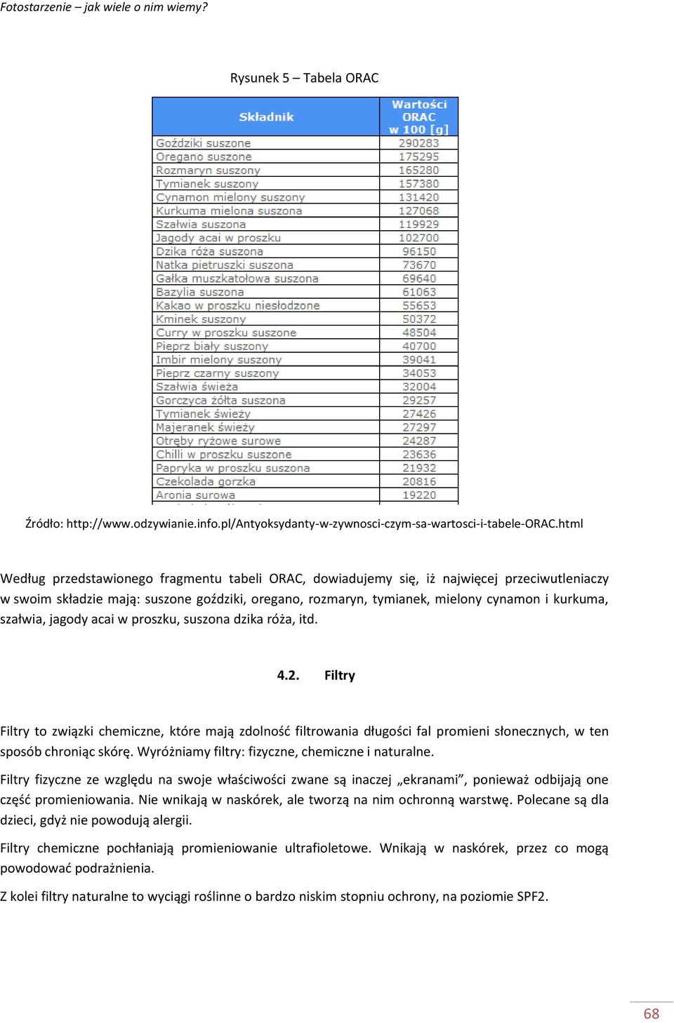 szałwia, jagody acai w proszku, suszona dzika róża, itd. 4.2. Filtry Filtry to związki chemiczne, które mają zdolnośd filtrowania długości fal promieni słonecznych, w ten sposób chroniąc skórę.