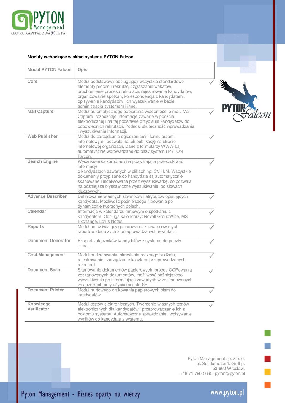 kandydatów, organizowanie spotkań, korespondencja z kandydatami, opisywanie kandydatów, ich wyszukiwanie w bazie, administracja systemem i inne. Moduł automatycznego odbierania wiadomości e-mail.