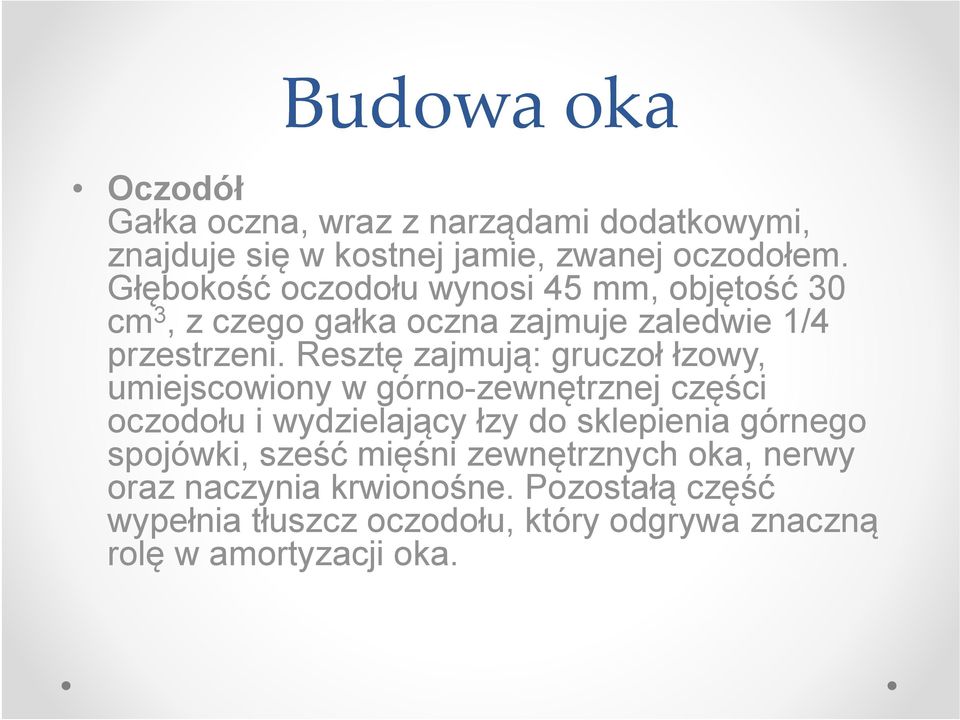 Resztę zajmują: gruczoł łzowy, umiejscowiony w górno-zewnętrznej części oczodołu i wydzielający łzy do sklepienia górnego