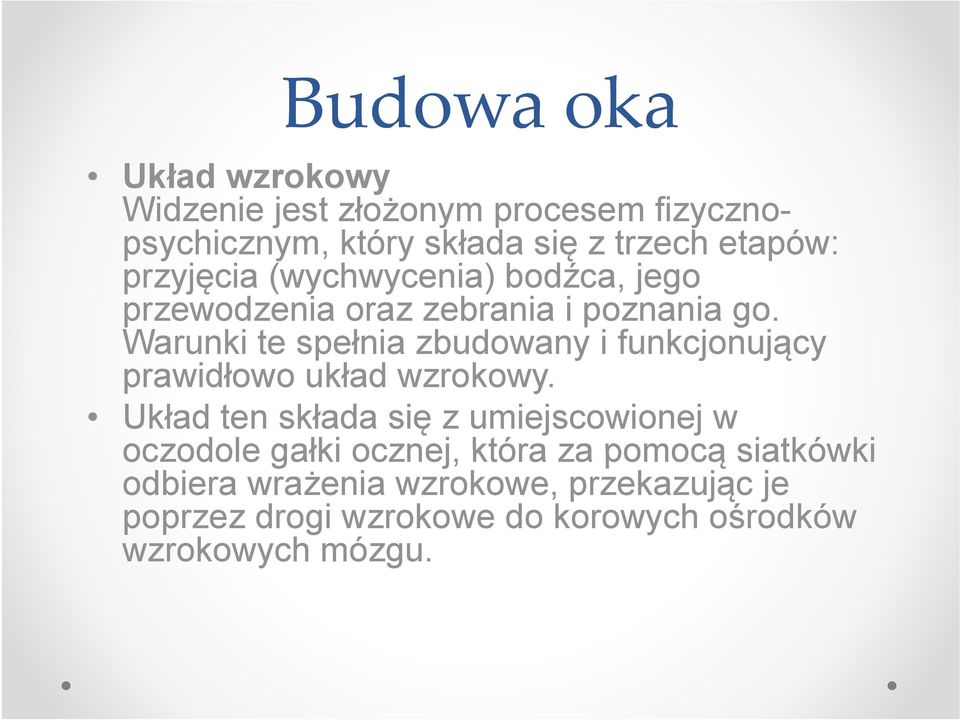 Warunki te spełnia zbudowany i funkcjonujący ją prawidłowo układ wzrokowy.