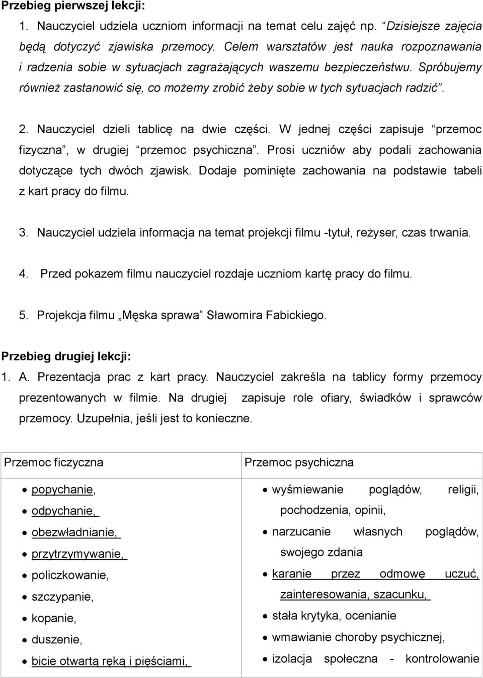 2. Nauczyciel dzieli tablicę na dwie części. W jednej części zapisuje przemoc fizyczna, w drugiej przemoc psychiczna. Prosi uczniów aby podali zachowania dotyczące tych dwóch zjawisk.