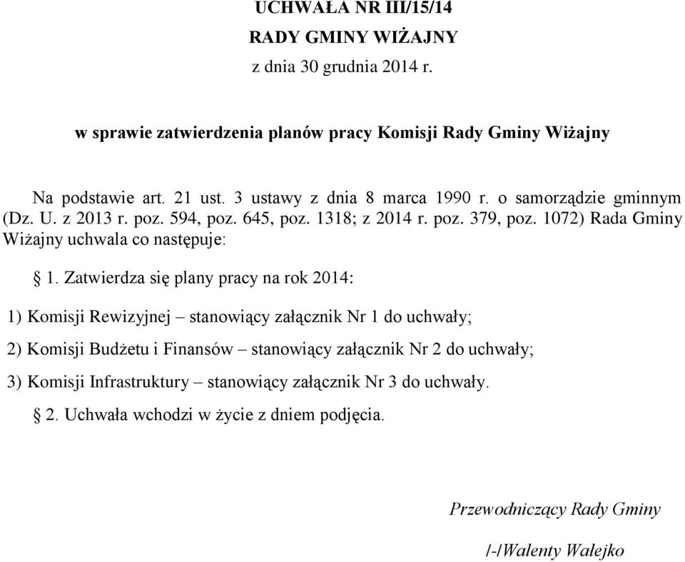 1072) Rada Gminy Wiżajny uchwala co następuje: 1.