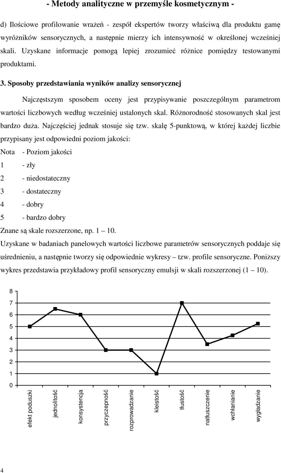 Sposoby przedstawiania wyników analizy sensorycznej Najczęstszym sposobem oceny jest przypisywanie poszczególnym parametrom wartości liczbowych według wcześniej ustalonych skal.