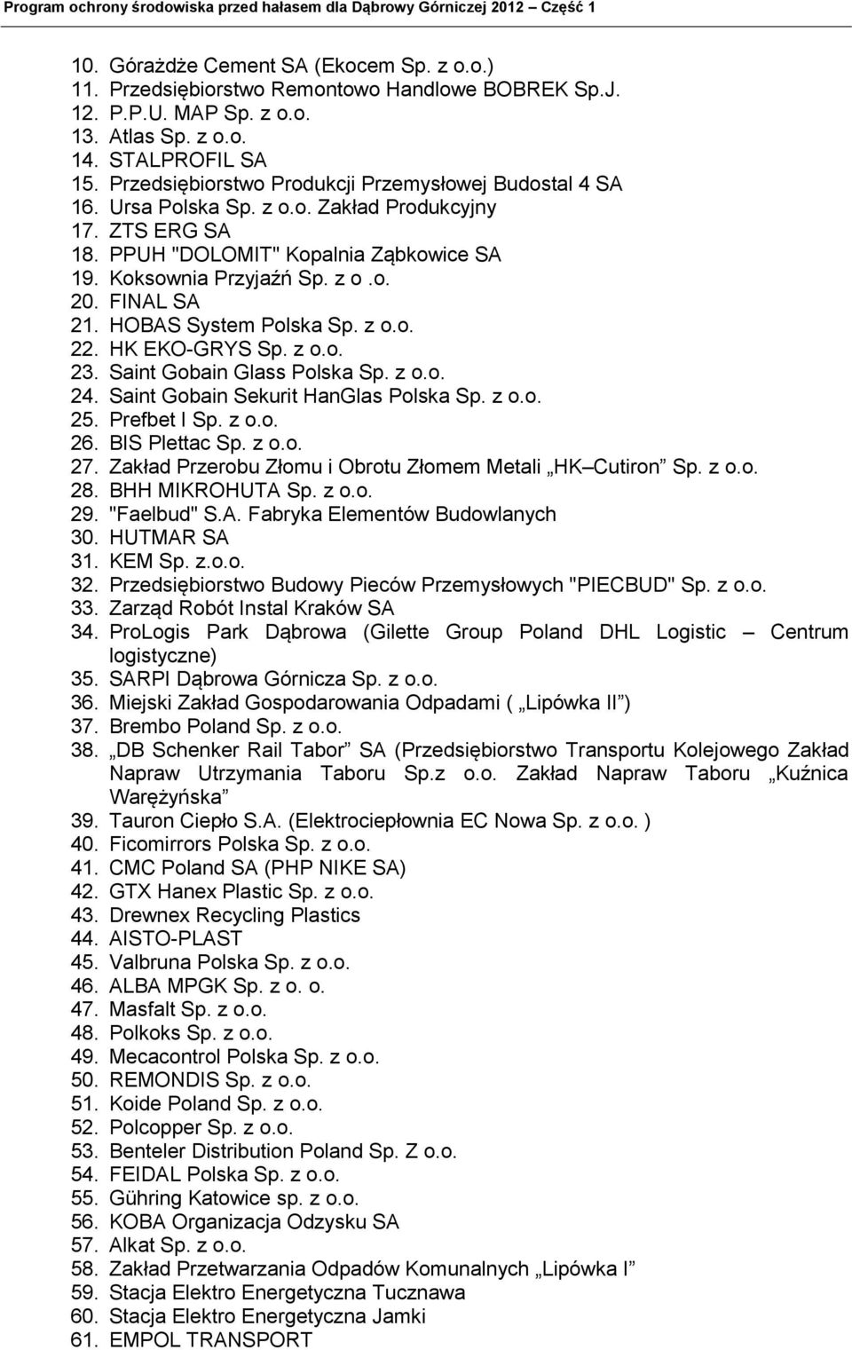 z o.o. 20. FINAL SA 21. HOBAS System Polsk Sp. z o.o. 22. HK EKO-GRYS Sp. z o.o. 23. Snt Gobn Glss Polsk Sp. z o.o. 24. Snt Gobn Sekurt HnGls Polsk Sp. z o.o. 25. Prefbet I Sp. z o.o. 26.