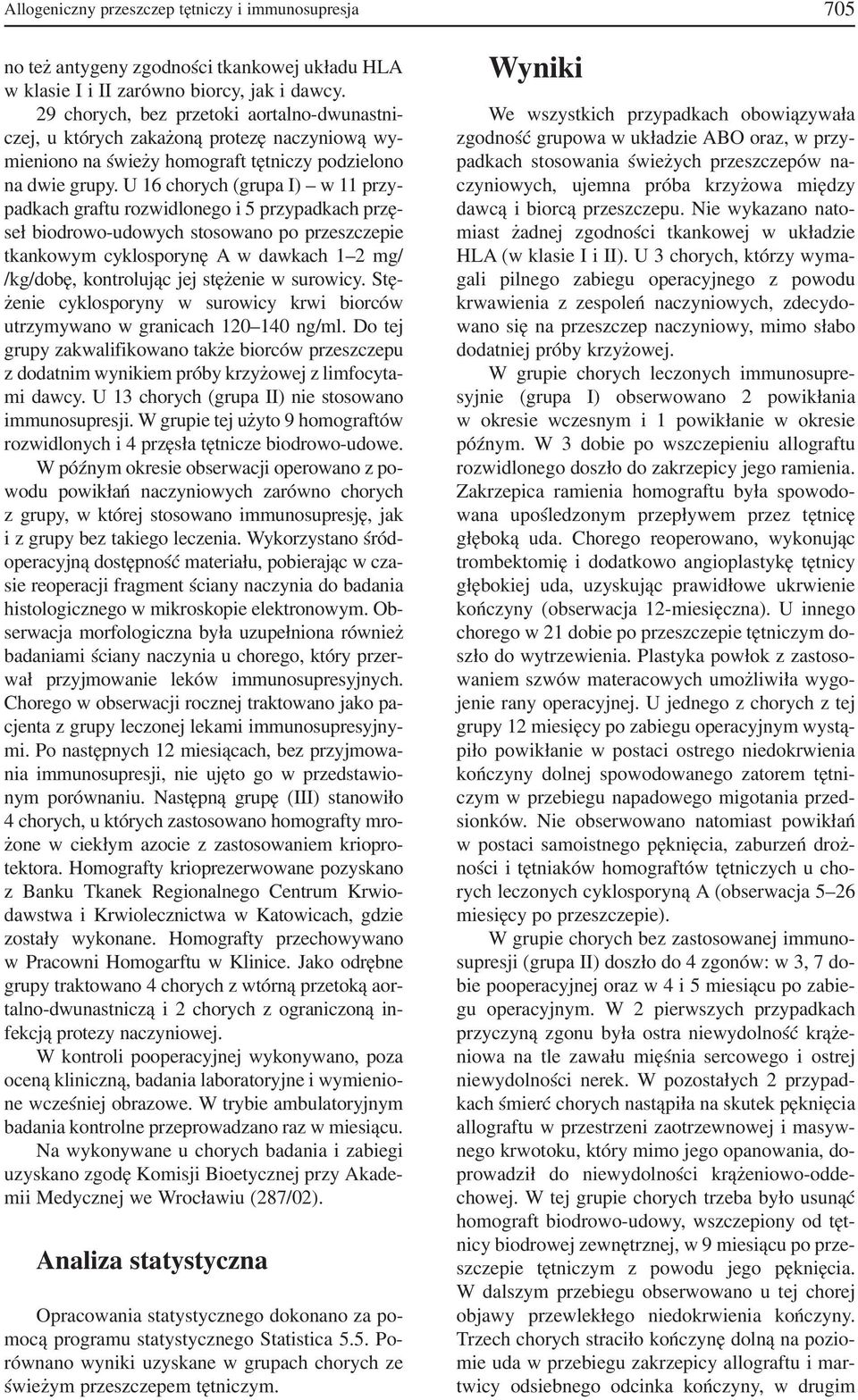 U 16 chorych (grupa I) w 11 przy padkach graftu rozwidlonego i 5 przypadkach przę seł biodrowo udowych stosowano po przeszczepie tkankowym cyklosporynę A w dawkach 1 2 mg/ /kg/dobę, kontrolując jej