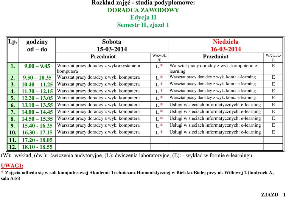 11.30 12.15 Warsztat pracy doradcy z wyk. komputera L * Warsztat pracy doradcy z wyk. kom.: e-learning 5. 12.20 13.05 Warsztat pracy doradcy z wyk. komputera L * Warsztat pracy doradcy z wyk. kom.: e-learning 6.