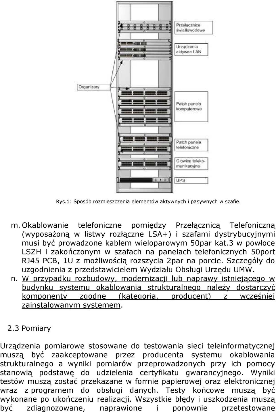 3 w powłoce LSZH i zakończonym w szafach na panelach telefonicznych 50port RJ45 PCB, 1U z możliwością rozszycia 2par na porcie. Szczegóły do uzgodnienia z przedstawicielem Wydziału Obsługi Urzędu UMW.