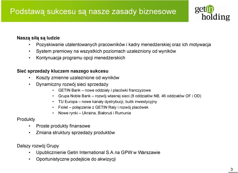 franczyzowe Grupa Noble Bank rozwój własnej sieci (8 oddziałów NB, 46 oddziałów OF i OD) TU Europa nowe kanały dystrybucji, butik inwestycyjny Fiolet połączenie z GETIN Raty i rozwój placówek Nowe