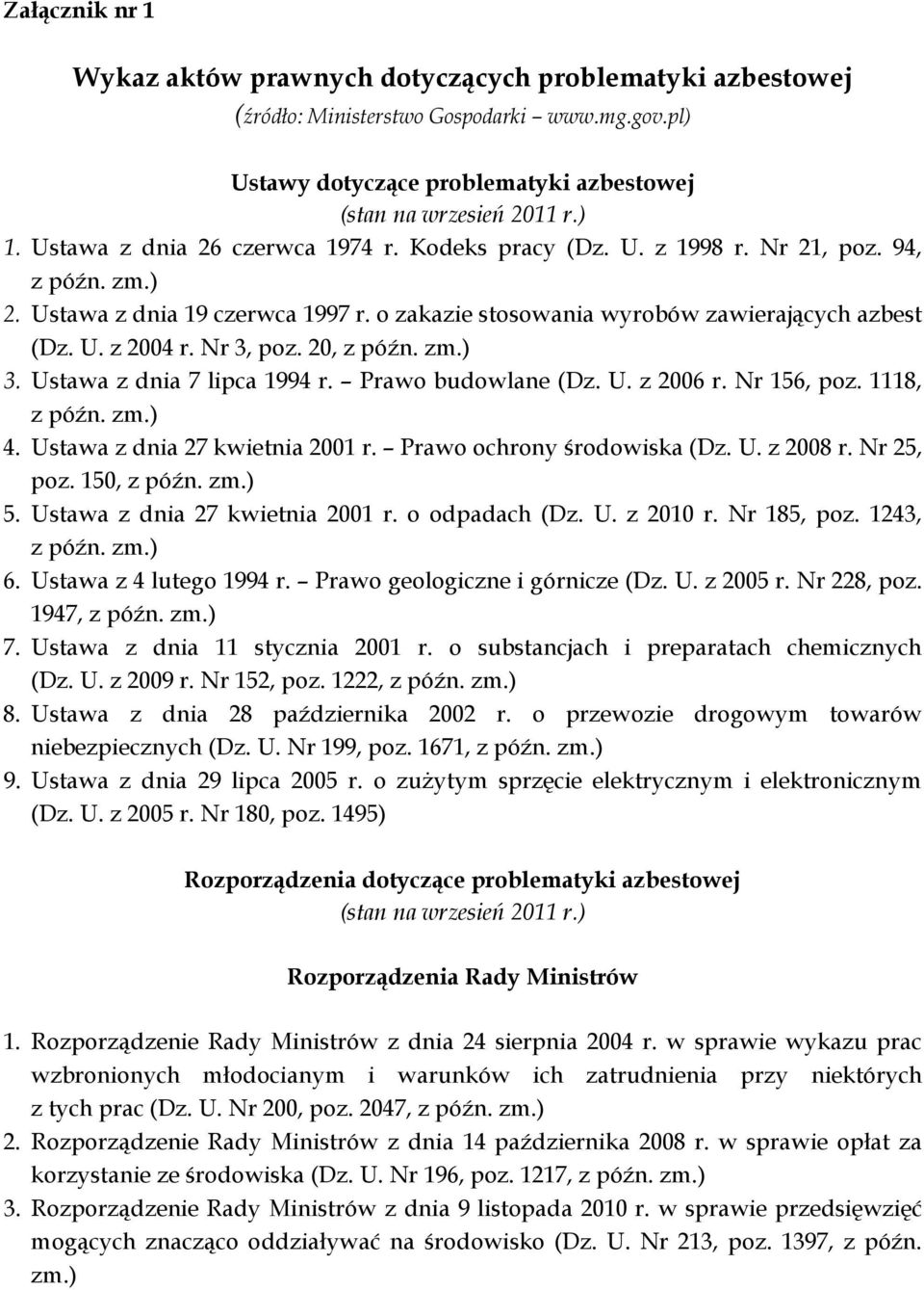 20, 3. Ustawa z dnia 7 lipca 1994 r. Prawo budowlane (Dz. U. z 2006 r. Nr 156, poz. 1118, 4. Ustawa z dnia 27 kwietnia 2001 r. Prawo ochrony środowiska (Dz. U. z 2008 r. Nr 25, poz. 150, 5.