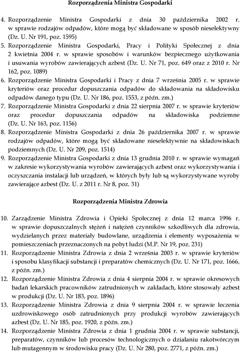 w sprawie sposobów i warunków bezpiecznego użytkowania i usuwania wyrobów zawierających azbest (Dz. U. Nr 71, poz. 649 oraz z 2010 r. Nr 162, poz. 1089) 6.