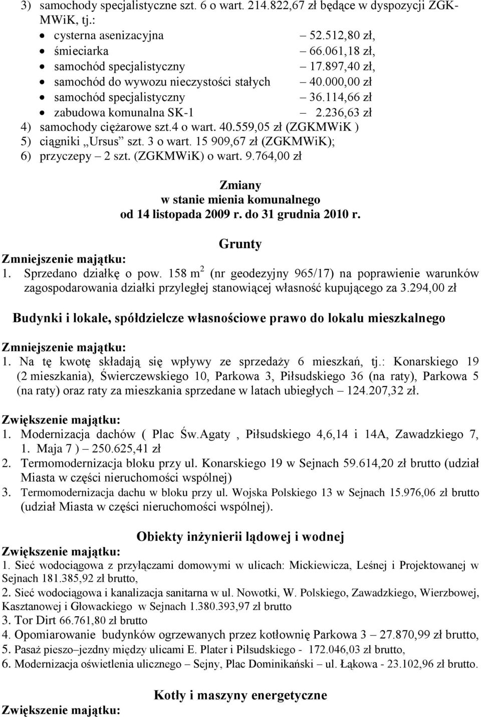 3 o wart. 15 909,67 zł (ZGKMWiK); 6) przyczepy 2 szt. (ZGKMWiK) o wart. 9.764,00 zł Zmiany w stanie mienia komunalnego od 14 listopada 2009 r. do 31 grudnia 2010 r. Grunty 1. Sprzedano działkę o pow.