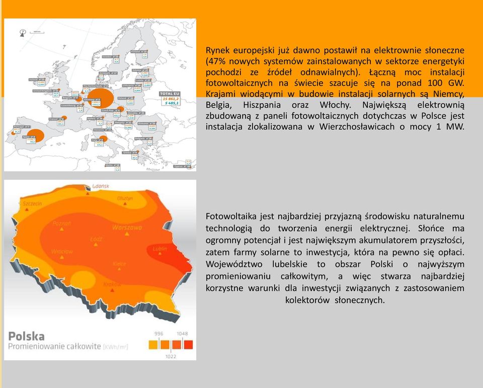 Największą elektrownią zbudowaną z paneli fotowoltaicznych dotychczas w Polsce jest instalacja zlokalizowana w Wierzchosławicach o mocy 1 MW.