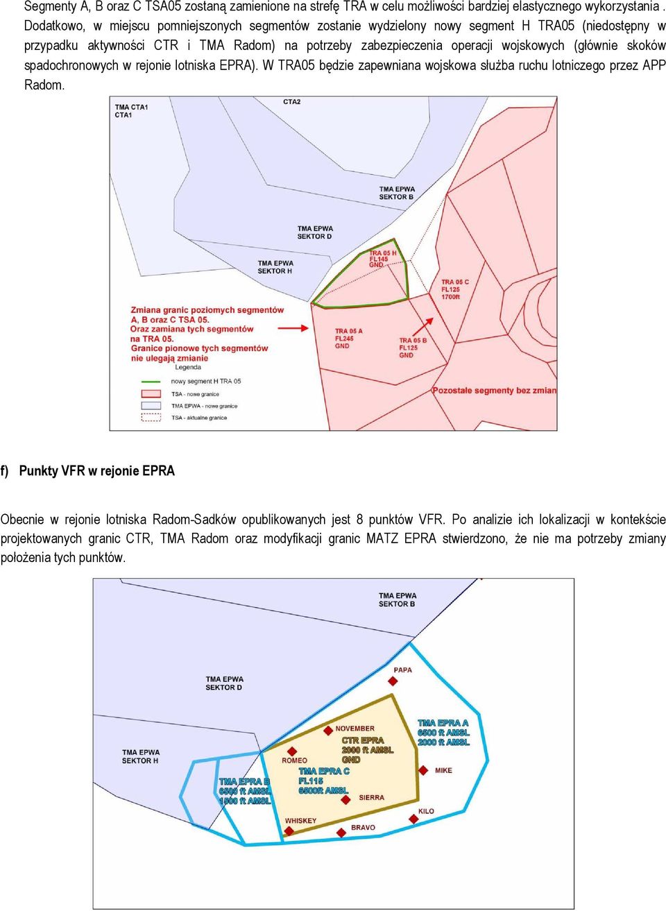 wojskowych (głównie skoków spadochronowych w rejonie lotniska EPRA). W TRA05 będzie zapewniana wojskowa służba ruchu lotniczego przez APP Radom.