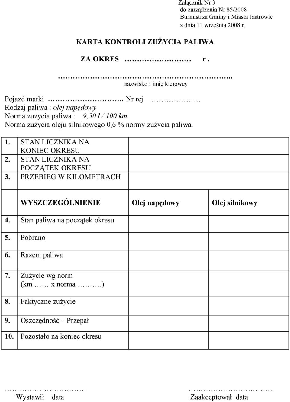 STAN LICZNIKA NA POCZĄTEK OKRESU 3. PRZEBIEG W KILOMETRACH WYSZCZEGÓLNIENIE Olej napędowy Olej silnikowy 4. Stan paliwa na początek okresu 5.