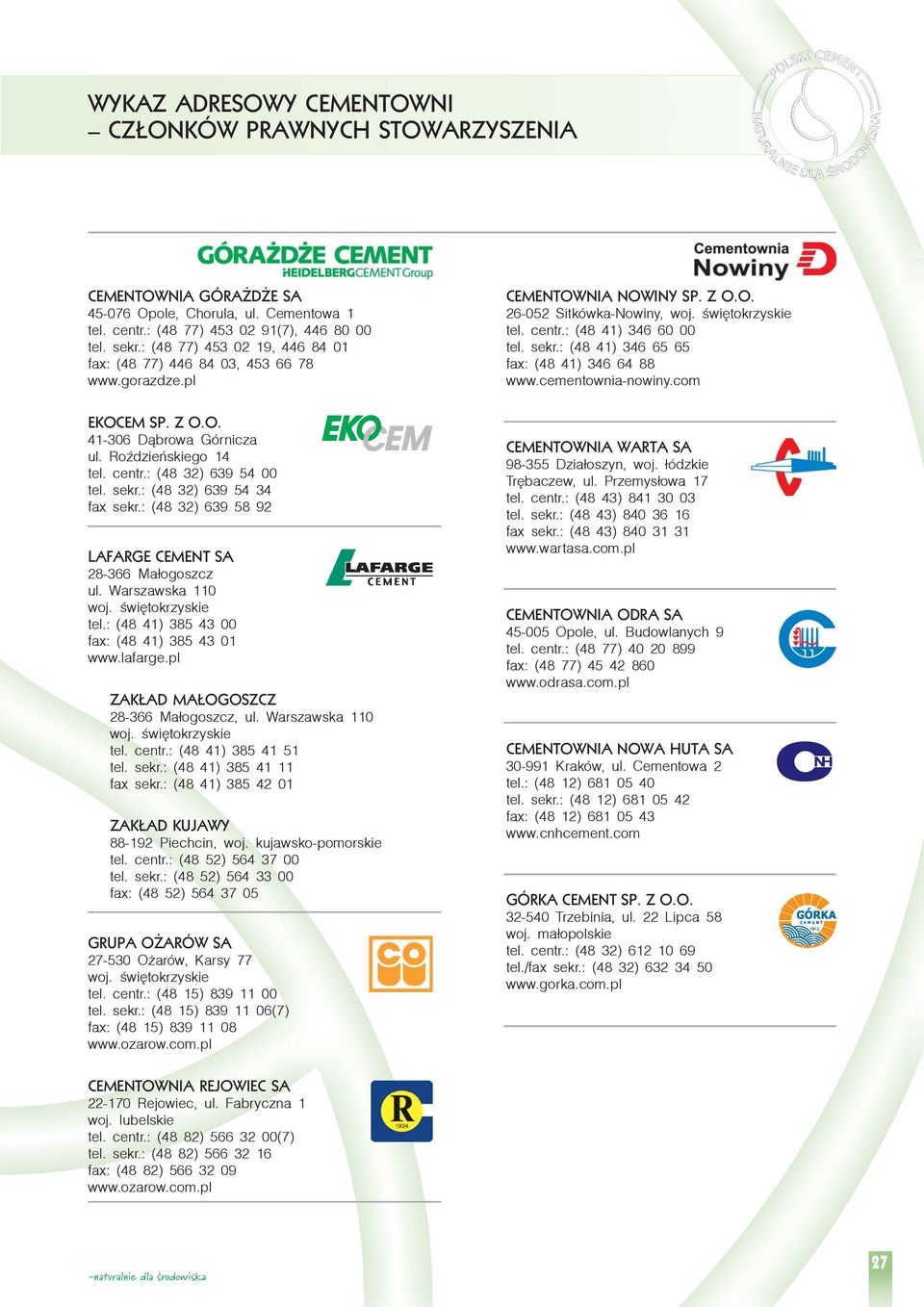 : (48 32) 639 54 34 fax sekr.: (48 32) 639 58 92 LAFARGE CEMENT SA 28-366 Ma³ogoszcz ul. Warszawska 110 woj. œwiêtokrzyskie tel.: (48 41) 385 43 00 fax: (48 41) 385 43 01 www.lafarge.