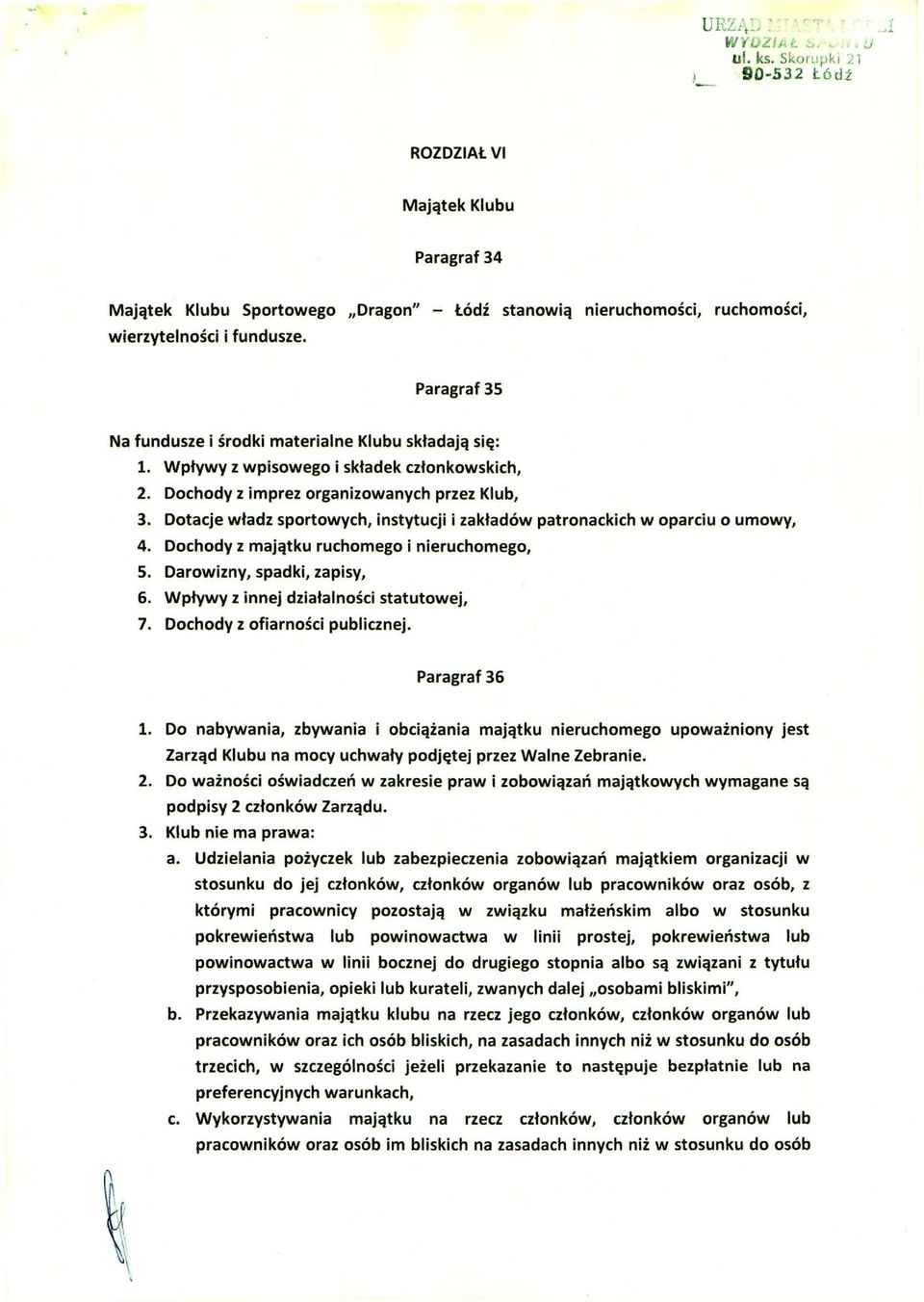 Dochody z imprez organizowanych przez Klub, 3. Dotacje władz sportowych, instytucji i zakładów patronackich w oparciu o umowy, 4. Dochody z majątku ruchomego i nieruchomego, 5.