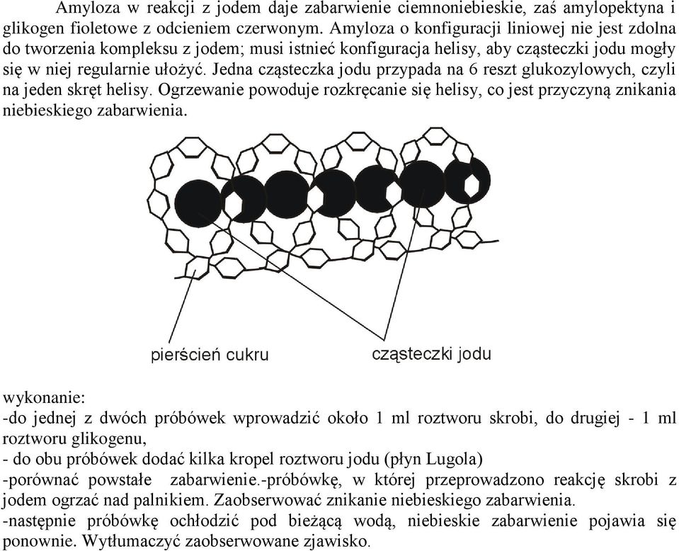 Jedna cząsteczka jodu przypada na 6 reszt glukozylowych, czyli na jeden skręt helisy. Ogrzewanie powoduje rozkręcanie się helisy, co jest przyczyną znikania niebieskiego zabarwienia.