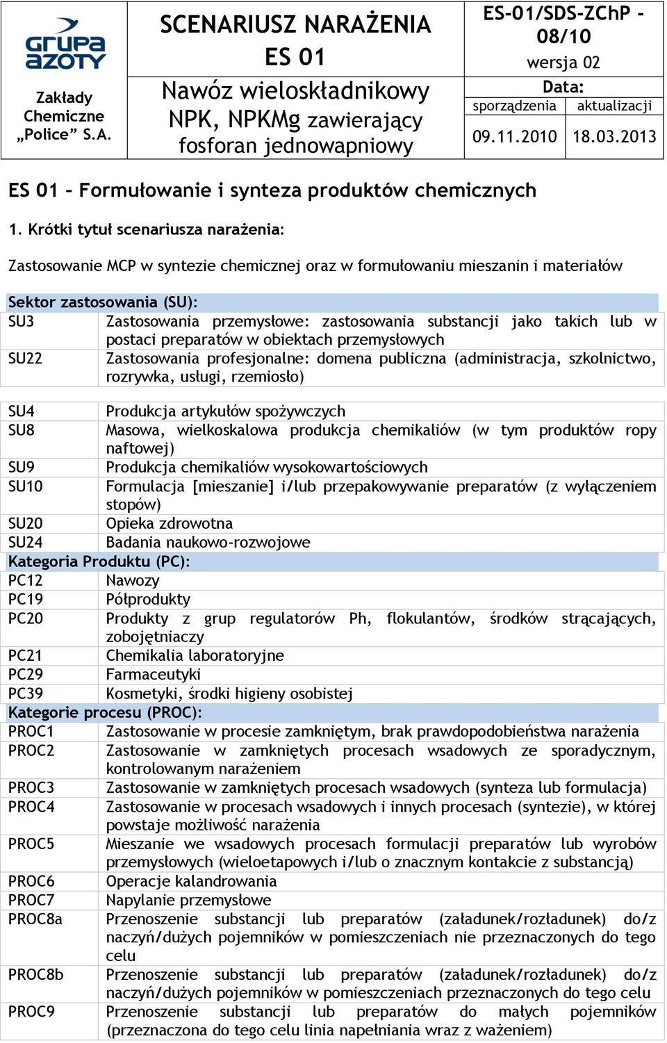 Krótki tytuł scenariusza narażenia: Zastosowanie MCP w syntezie chemicznej oraz w formułowaniu mieszanin i materiałów Sektor zastosowania (SU): SU3 Zastosowania przemysłowe: zastosowania substancji