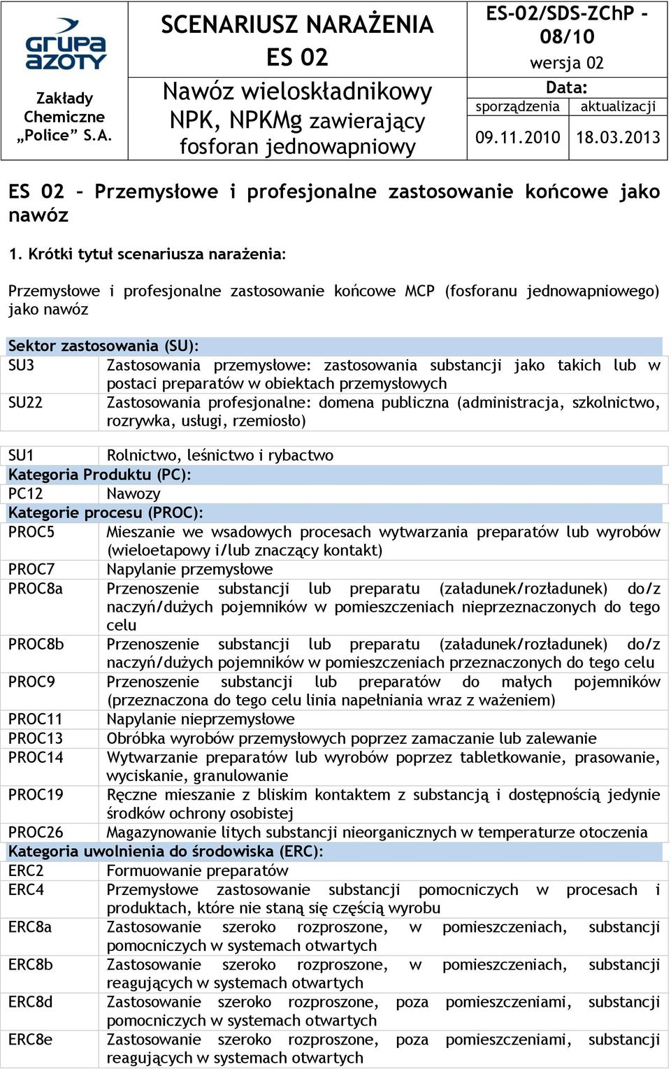Krótki tytuł scenariusza narażenia: Przemysłowe i profesjonalne zastosowanie końcowe MCP (fosforanu jednowapniowego) jako nawóz Sektor zastosowania (SU): SU3 Zastosowania przemysłowe: zastosowania