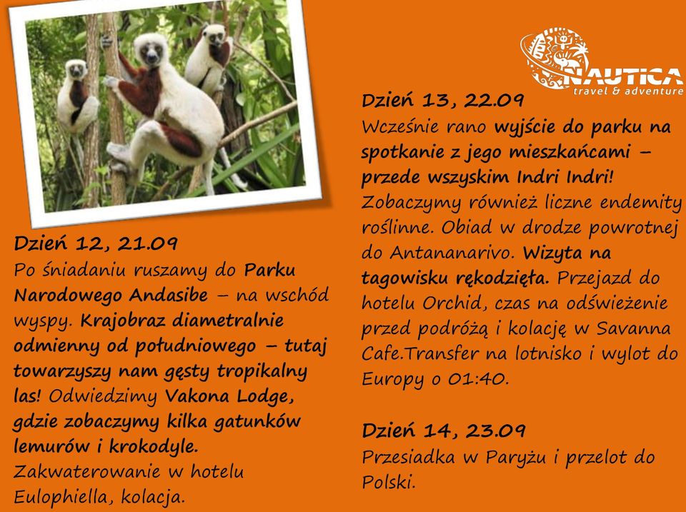 09 Wcześnie rano wyjście do parku na spotkanie z jego mieszkańcami przede wszyskim Indri Indri! Zobaczymy również liczne endemity roślinne.