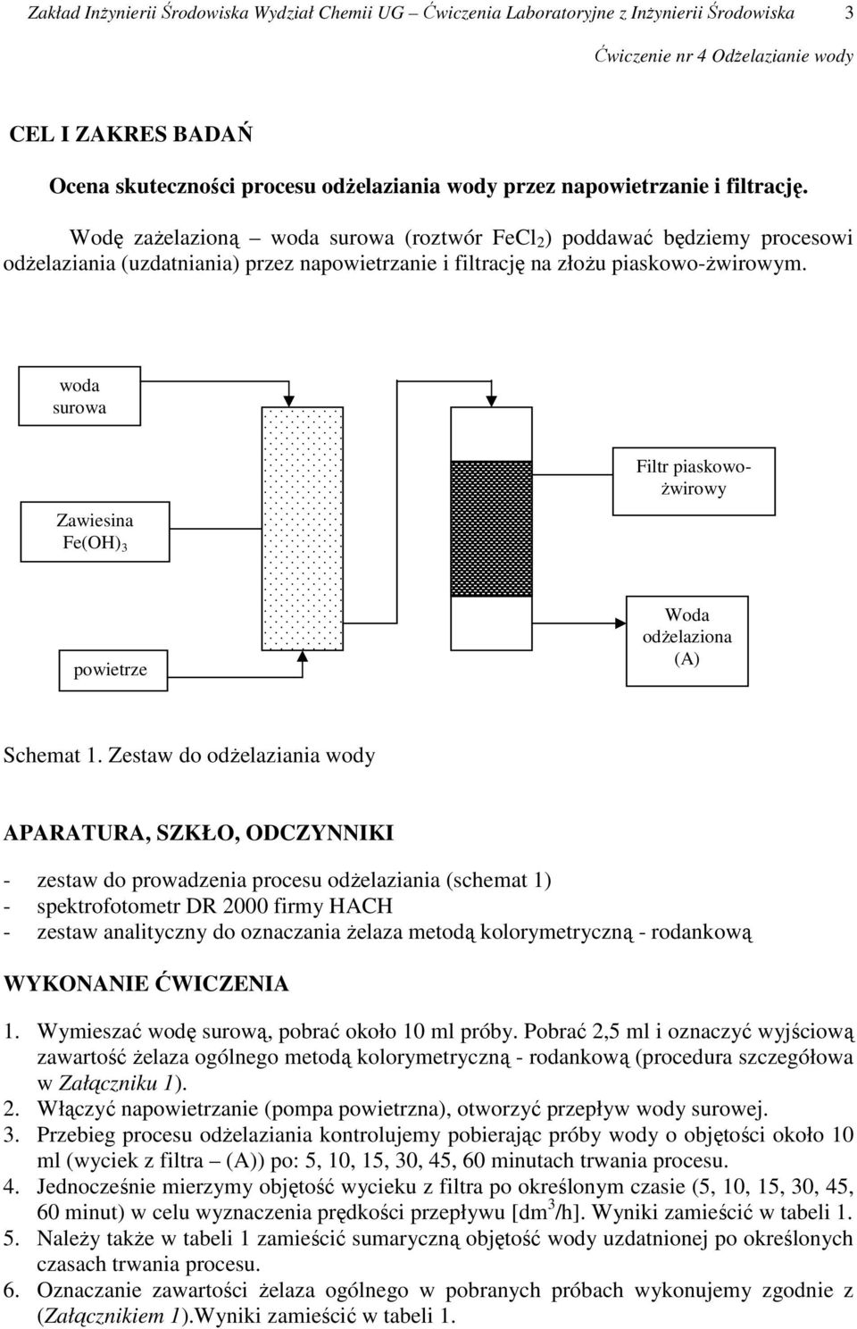 woda surowa Zawiesina Fe(OH) 3 powietrze... Filtr piaskowo- Ŝwirowy Woda odŝelaziona (A) Schemat 1.