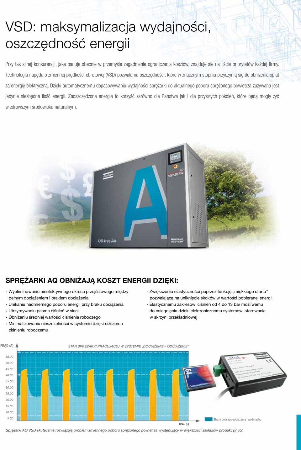 Dzięki automatycznemu dopasowywaniu wydajności sprężarki do aktualnego poboru sprężonego powietrza zużywana jest jedynie niezbędna ilość energii.