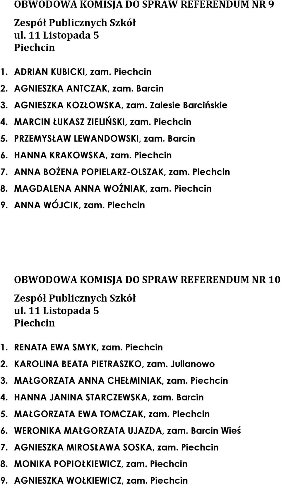 MAGDALENA ANNA WOŹNIAK, zam. Piechcin 9. ANNA WÓJCIK, zam. Piechcin OBWODOWA KOMISJA DO SPRAW REFERENDUM NR 10 Zespół Publicznych Szkół ul. 11 Listopada 5 Piechcin 1. RENATA EWA SMYK, zam. Piechcin 2.