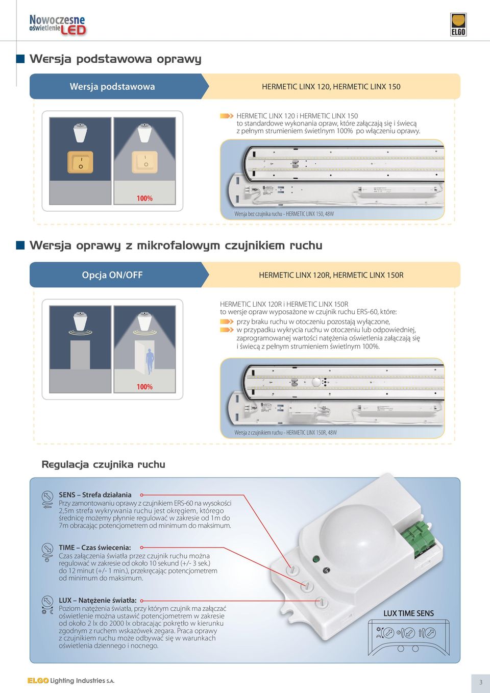 100% Wersja bez czujnika ruchu - HERMETIC LINX 150, 48W Wersja oprawy z mikrofalowym czujnikiem ruchu Opcja ON/OFF HERMETIC LINX 120R, HERMETIC LINX 150R HERMETIC LINX 120R i HERMETIC LINX 150R to