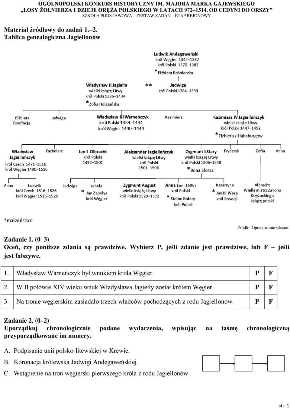 W II połowie XIV wieku wnuk Władysława Jagiełły został królem Węgier. P F 3. Na tronie węgierskim zasiadało trzech władców pochodzących z rodu Jagiellonów. P F Zadanie 2.