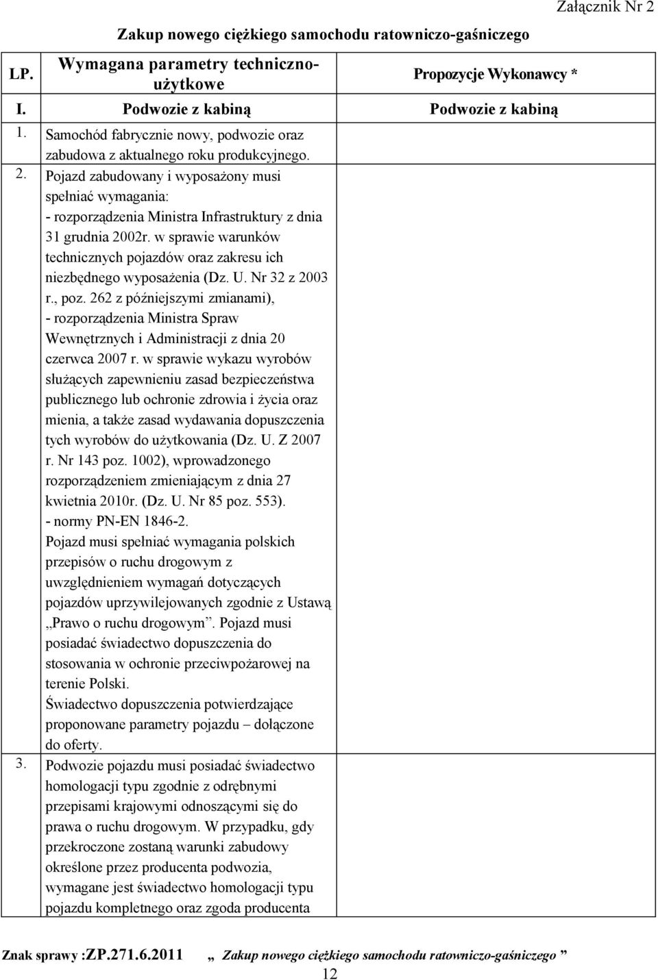 Pojazd zabudowany i wyposażony musi spełniać wymagania: - rozporządzenia Ministra Infrastruktury z dnia 31 grudnia 2002r.