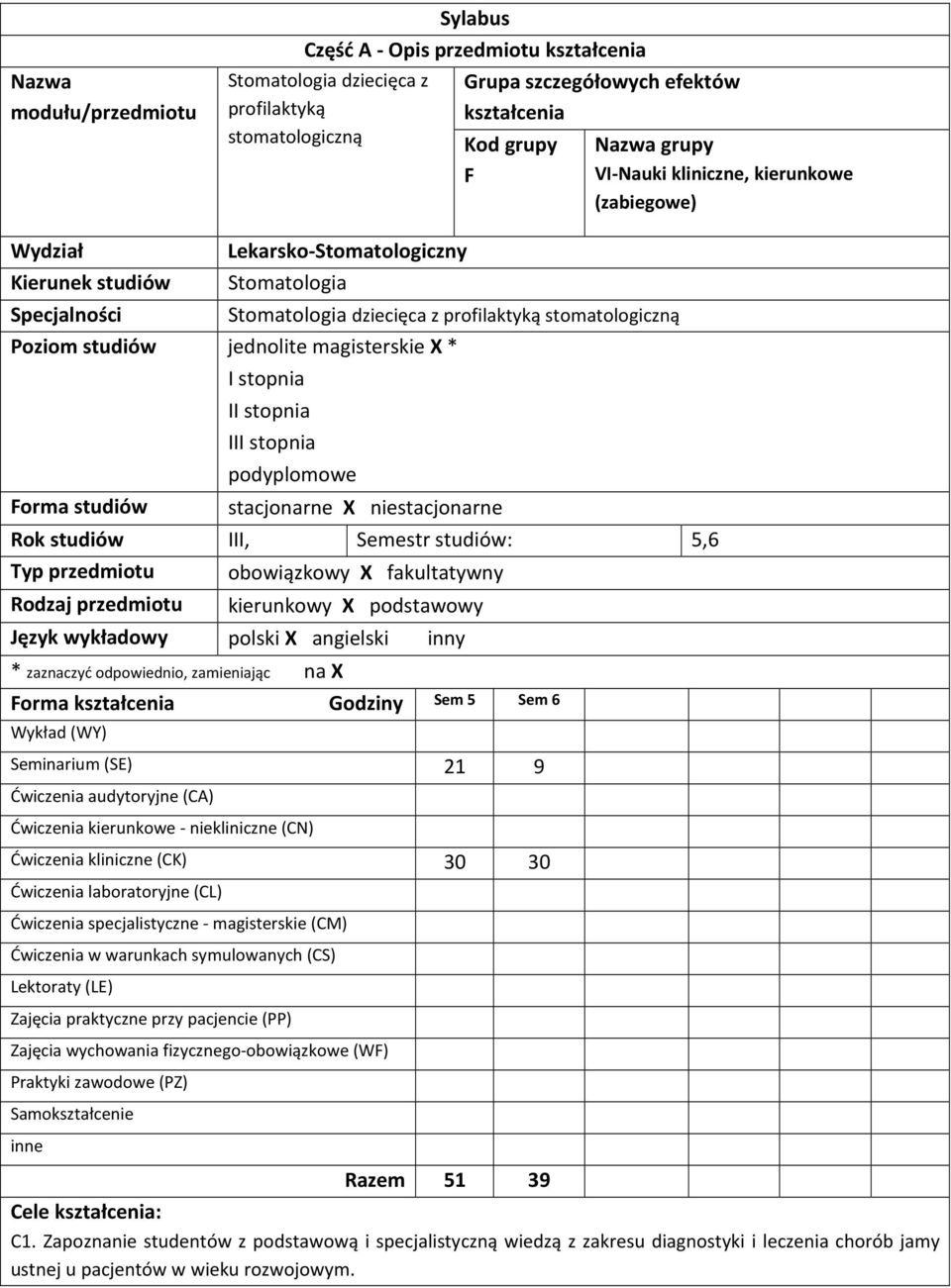 magisterskie X * Forma studiów I stopnia II stopnia III stopnia podyplomowe stacjonarne X niestacjonarne Rok studiów III, Semestr studiów: 5,6 Typ przedmiotu Rodzaj przedmiotu Język wykładowy *