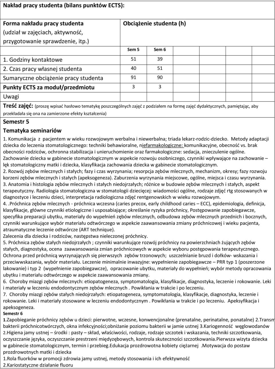Czas pracy własnej studenta 40 51 Sumaryczne obciążenie pracy studenta 91 90 Punkty ECTS za moduł/przedmiotu 3 3 Uwagi Treść zajęć: (proszę wpisać hasłowo tematykę poszczególnych zajęć z podziałem na