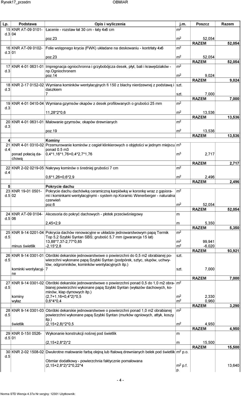 23 2 52,054 RAZEM 52,054 17 KNR 4-01 0631-01 Ipregnacja ogniochronna i grzybobójcza desek, płyt, bali i krawędziaków - 2 np.ogniochrone poz.