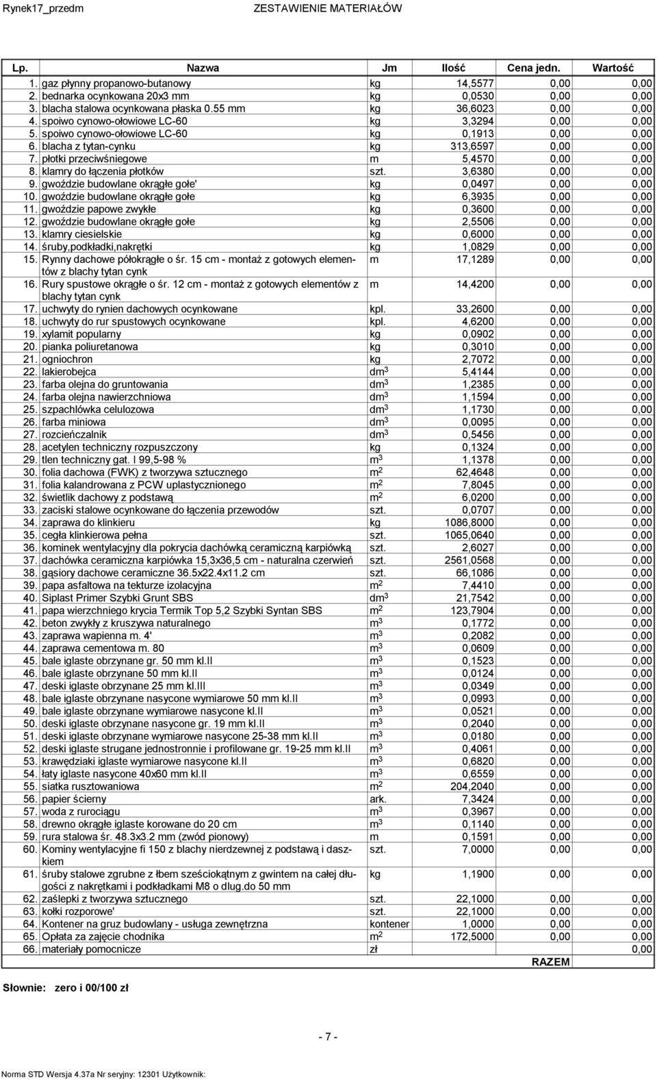 płotki przeciwśniegowe 5,4570 0,00 0,00 8. klary do łączenia płotków szt. 3,6380 0,00 0,00 9. gwoździe budowlane okrągłe gołe' kg 0,0497 0,00 0,00 10.