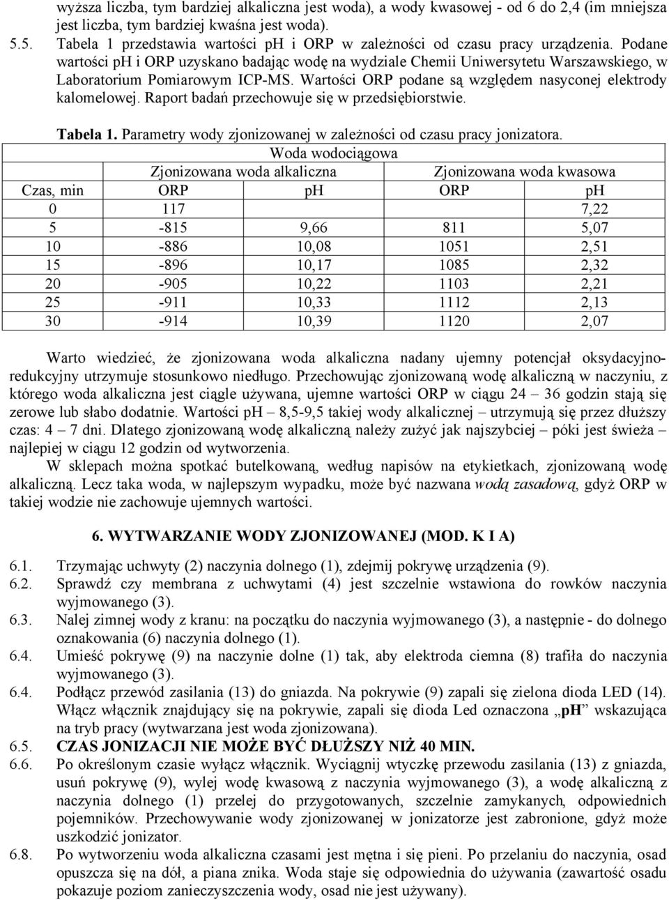 Podane wartoçci ph i ORP uzyskano badajäc wodá na wydziale Chemii Uniwersytetu Warszawskiego, w Laboratorium Pomiarowym ICP-MS. WartoÇci ORP podane sä wzgládem nasyconej elektrody kalomelowej.