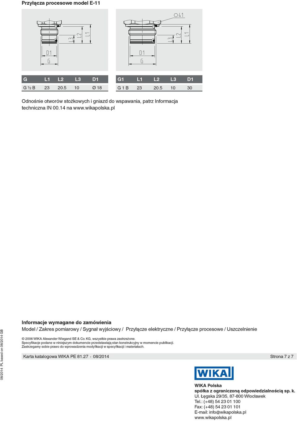 pl 08/2014 PL based on 08/2014 GB Informacje wymagane do zamówienia Model / Zakres pomiarowy / Sygnał wyjściowy / Przyłącze elektryczne / Przyłącze procesowe / Uszczelnienie 2006 WIKA Alexander