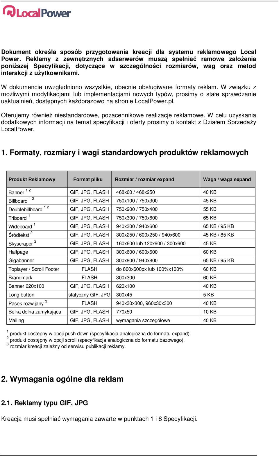 W dokumencie uwzględniono wszystkie, obecnie obsługiwane formaty reklam.