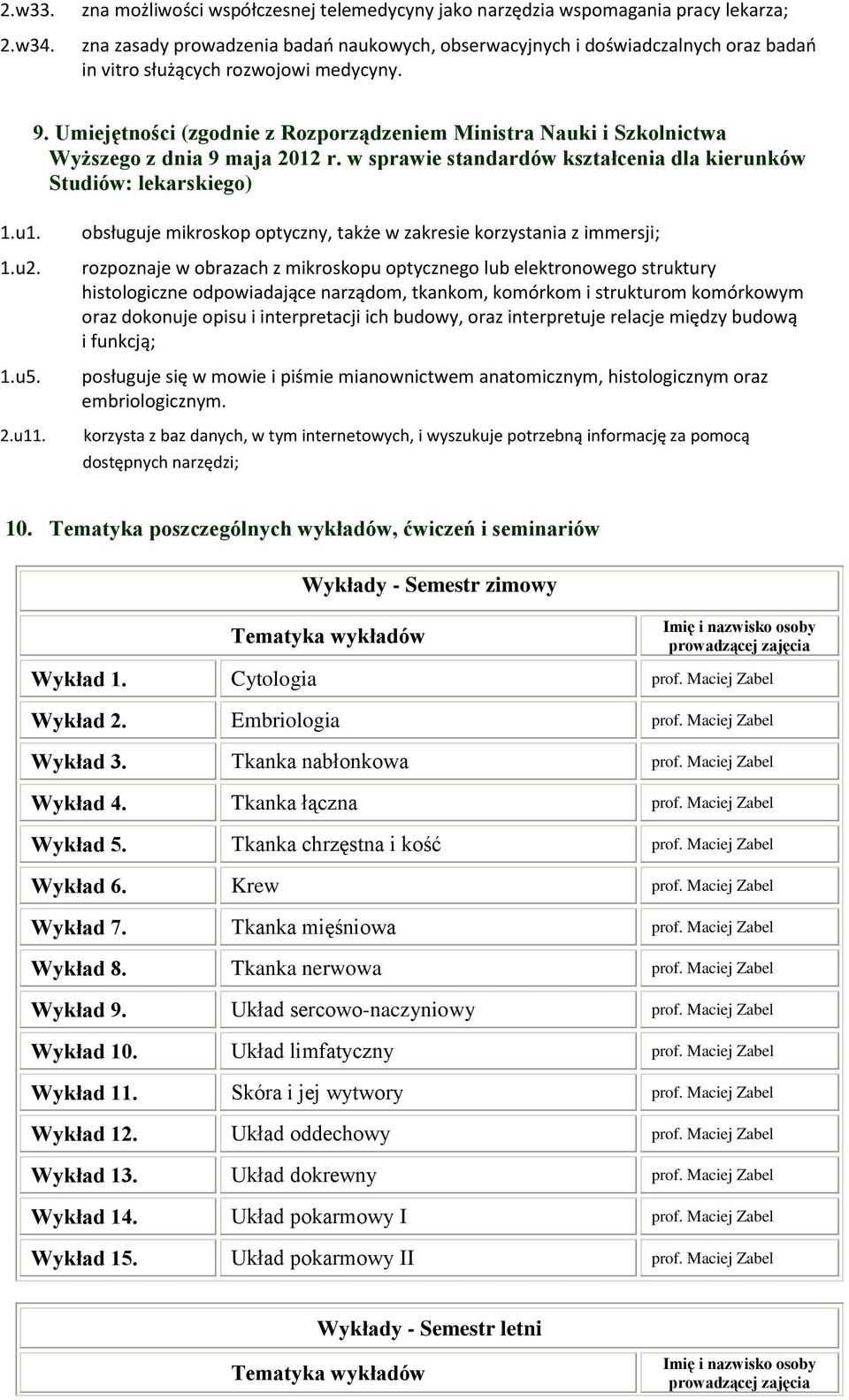 medycyny. 9. Umiejętności (zgodnie z Rozporządzeniem Ministra Nauki i Szkolnictwa Wyższego z dnia 9 maja 2012 r. w sprawie standardów kształcenia dla kierunków Studiów: lekarskiego) 1.u1. 1.u2. 1.u5.