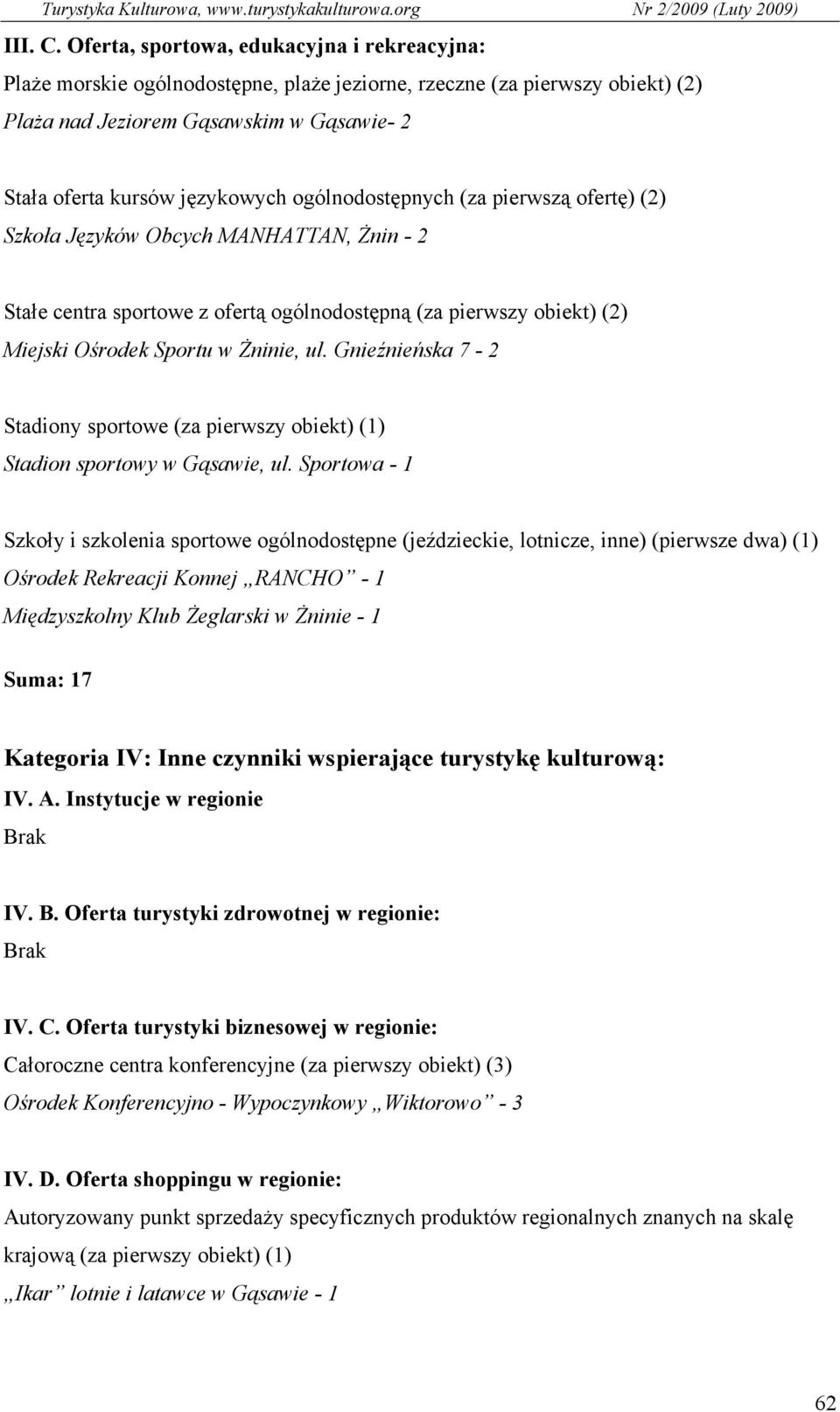 ogólnodostępnych (za pierwszą ofertę) (2) Szkoła Języków Obcych MANHATTAN, Żnin - 2 Stałe centra sportowe z ofertą ogólnodostępną (za pierwszy obiekt) (2) Miejski Ośrodek Sportu w Żninie, ul.
