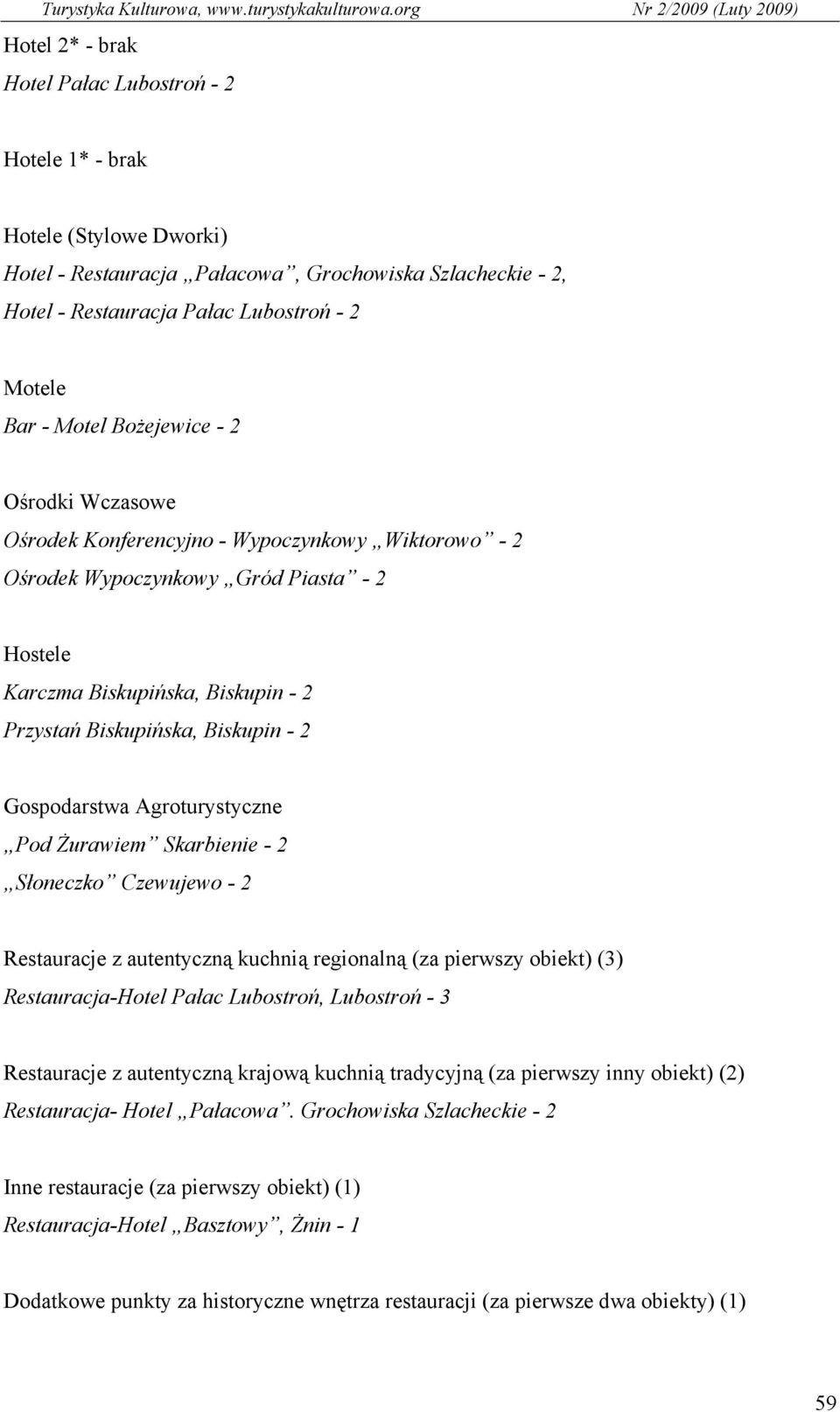 - 2 Gospodarstwa Agroturystyczne Pod Żurawiem Skarbienie - 2 Słoneczko Czewujewo - 2 Restauracje z autentyczną kuchnią regionalną (za pierwszy obiekt) (3) Restauracja-Hotel Pałac Lubostroń, Lubostroń
